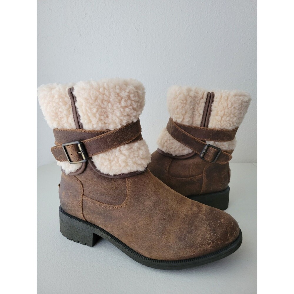 UGG Blayre III Brown Leather Shearling Lined Bootie Zip Buckle Lug Moto US 7.5